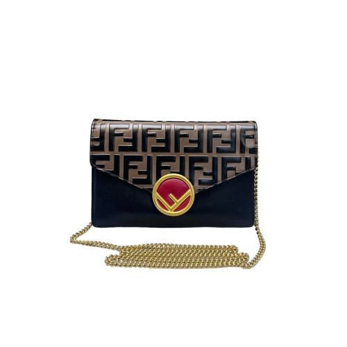 Fendi Wallet On Chain WOC Embossed FF Calfskin Black Brown Red