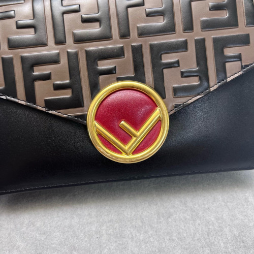 Fendi Wallet On Chain WOC Embossed FF Calfskin Black Brown Red