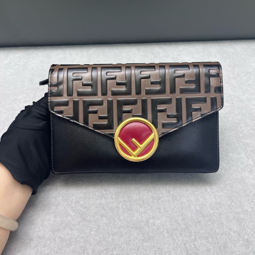 Fendi Wallet On Chain WOC Embossed FF Calfskin Black Brown Red