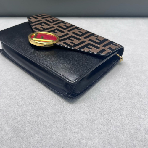 Fendi Wallet On Chain WOC Embossed FF Calfskin Black Brown Red