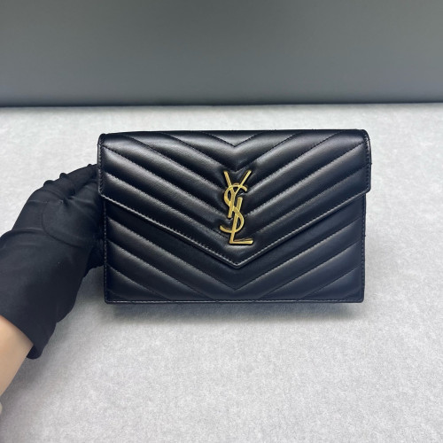 Yves Saint Laurent Small Envelope Chain Wallet Calfskin Black