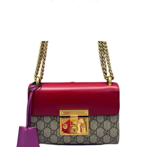 Gucci Small Padlock Shoulder Bag GG Supreme Monogram Red Beige Purple