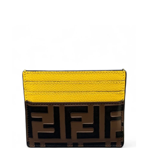 Fendi Logo Card Holder FF Lines Embossed Yellow Brown Black