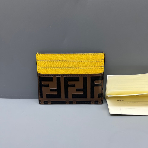 Fendi Logo Card Holder FF Lines Embossed Yellow Brown Black
