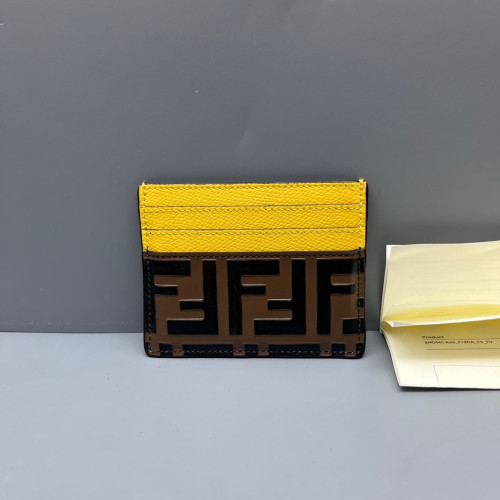 Fendi Logo Card Holder FF Lines Embossed Yellow Brown Black