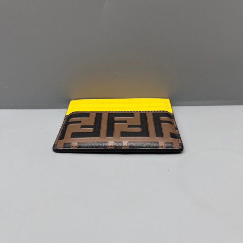 Fendi Logo Card Holder FF Lines Embossed Yellow Brown Black
