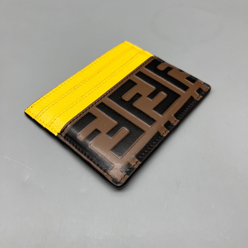Fendi Logo Card Holder FF Lines Embossed Yellow Brown Black