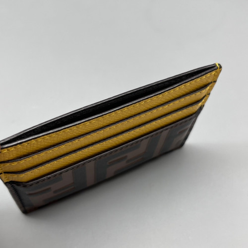 Fendi Logo Card Holder FF Lines Embossed Yellow Brown Black