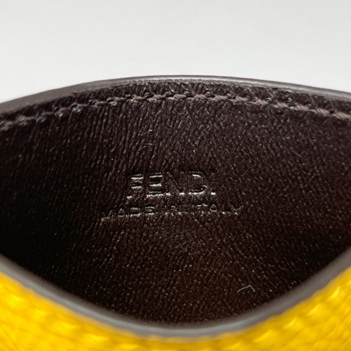 Fendi Logo Card Holder FF Lines Embossed Yellow Brown Black