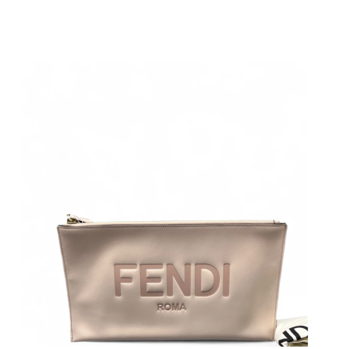 Fendi Logo Embossed Clutch Calfskin Beige