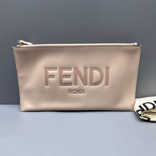Fendi Logo Embossed Clutch Calfskin Beige