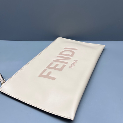 Fendi Logo Embossed Clutch Calfskin Beige