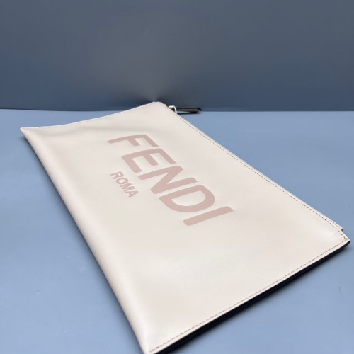 Fendi Logo Embossed Clutch Calfskin Beige