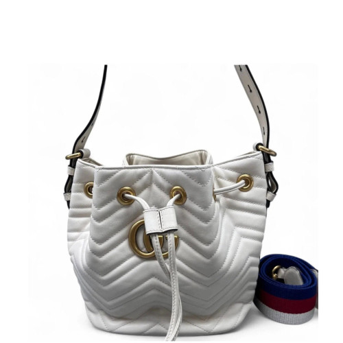 Gucci Chevron GG Marmont Bucket Bag Calfskin White