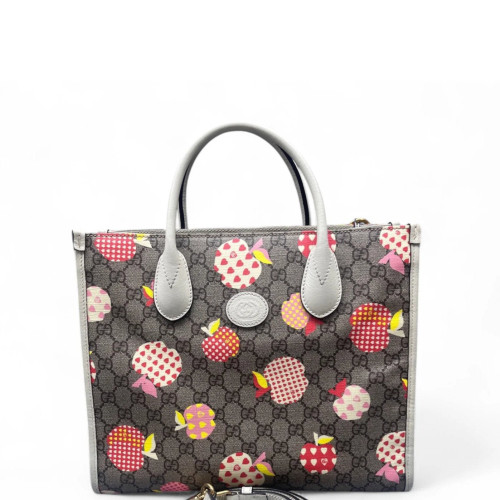 Gucci Apple Gg Small Retro Interlocking G Tote GG Supreme Monogram Grey Red Pink