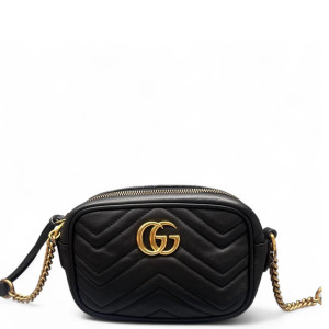 Gucci Chevron Mini GG Marmont Chain Shoulder Bag Calfskin Black