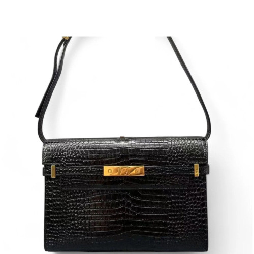 Yves Saint Laurent Medium Manhattan Shoulder Bag Calfskin Crocodile Embossed Black Yves Saint Laurent Medium Manhattan Shoulder Bag Calfskin Crocodile Embossed Black