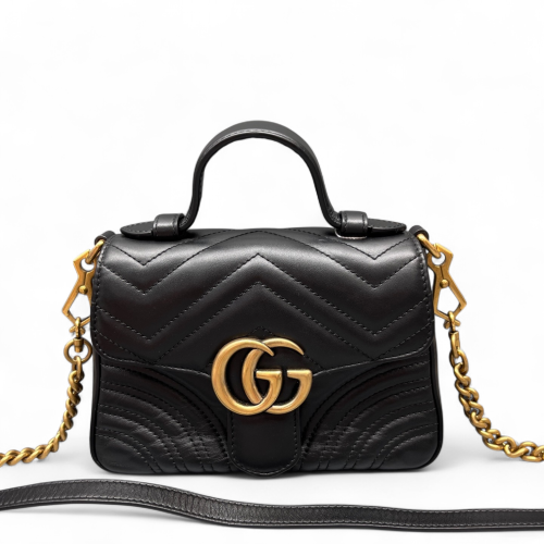 Gucci Chevron Mini GG Marmont Top Handle Shoulder Bag Calfskin Black Gucci Chevron Mini GG Marmont Top Handle Shoulder Bag Calfskin Black