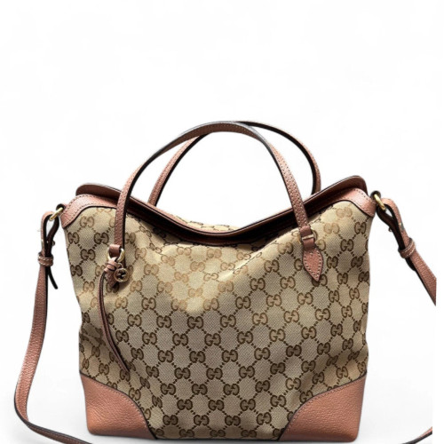Gucci Tote Bag Canvas Calfskin Beige Brown Pink