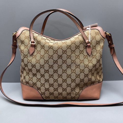 Gucci Tote Bag Canvas Calfskin Beige Brown Pink