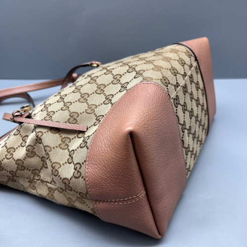 Gucci Tote Bag Canvas Calfskin Beige Brown Pink