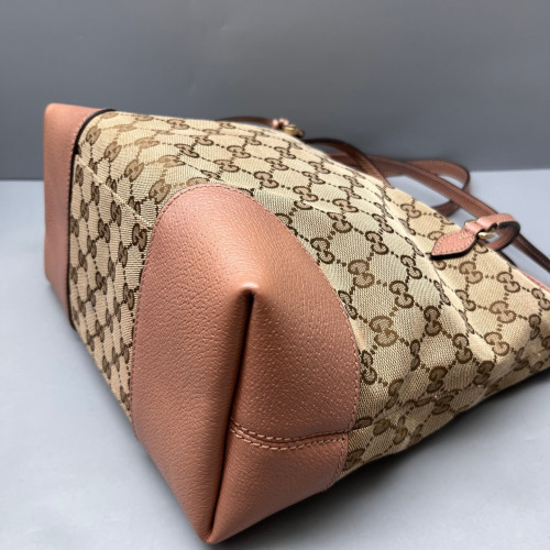 Gucci Tote Bag Canvas Calfskin Beige Brown Pink