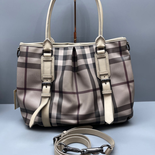 Burberry Tote Bag House Check Calfskin Beige Black Burgundy