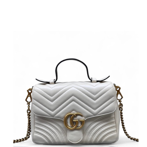 Gucci Chevron Small GG Marmont Top Handle Chain Shoulder Bag Calfskin White
