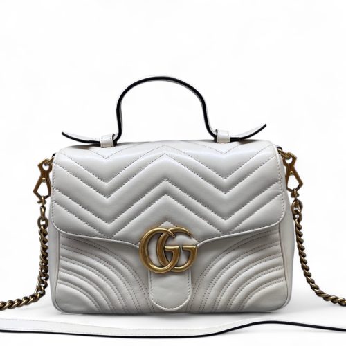 Gucci Chevron Small GG Marmont Top Handle Chain Shoulder Bag Calfskin White