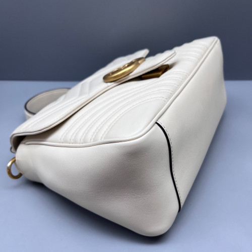 Gucci Chevron Small GG Marmont Top Handle Chain Shoulder Bag Calfskin White