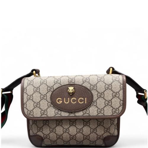 Gucci Small Neo Vintage Double Flap Messenger Bag GG Supreme Monogram Beige Brown Green