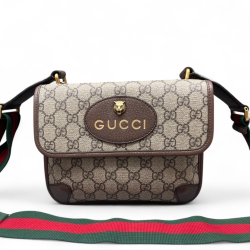 Gucci Small Neo Vintage Double Flap Messenger Bag GG Supreme Monogram Beige Brown Green