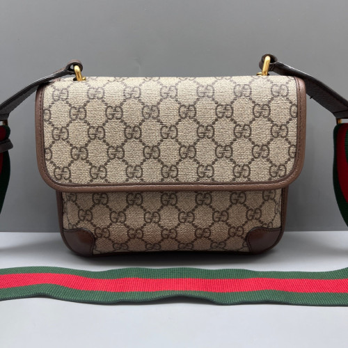 Gucci Small Neo Vintage Double Flap Messenger Bag GG Supreme Monogram Beige Brown Green