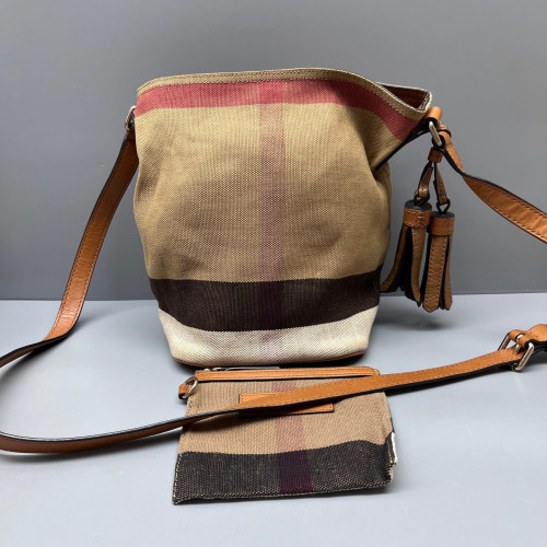 Burberry Bucket Canvas Calfskin Beige Brown Red