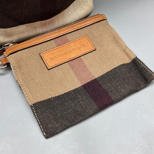 Burberry Bucket Canvas Calfskin Beige Brown Red