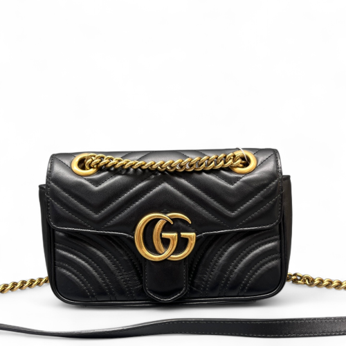 Gucci Chevron Mini GG Marmont Chain Wallet Calfskin Black Gucci Chevron Mini GG Marmont Chain Wallet Calfskin Black
