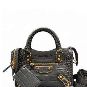 Balenciaga Mini City Calfskin Crocodile Embossed Grey