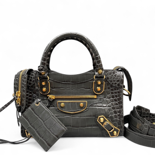 Balenciaga Mini City Calfskin Crocodile Embossed Grey