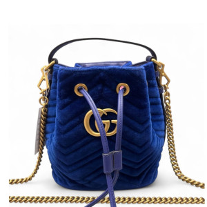 Gucci Chevron GG Marmont Bucket Bag Velvet Blue