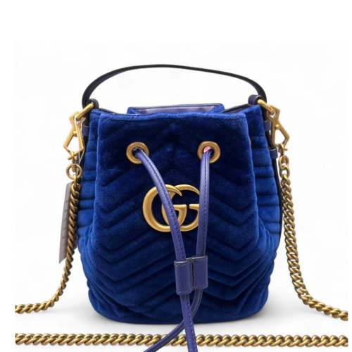 Gucci Chevron GG Marmont Bucket Bag Velvet Blue