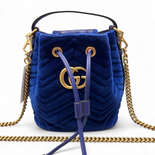Gucci Chevron GG Marmont Bucket Bag Velvet Blue