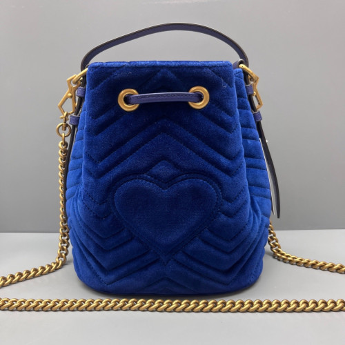 Gucci Chevron GG Marmont Bucket Bag Velvet Blue