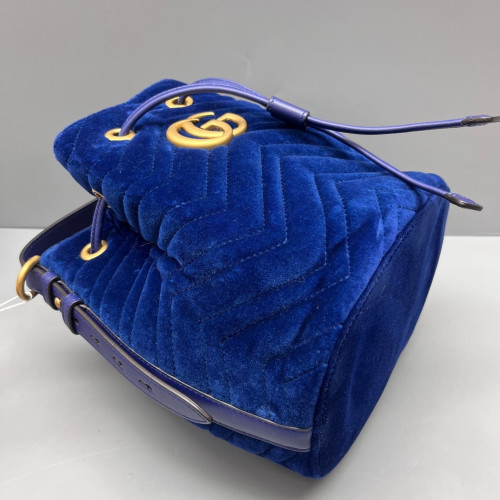 Gucci Chevron GG Marmont Bucket Bag Velvet Blue
