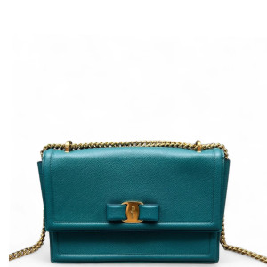 Salvatore Ferragamo Vara Bow Crossbody Bag Grained Calfskin Blue