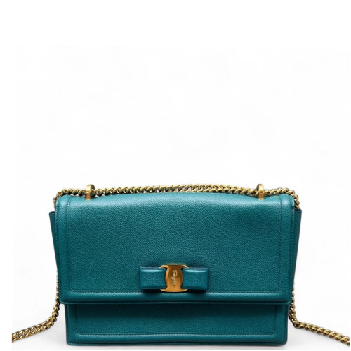 Salvatore Ferragamo Vara Bow Crossbody Bag Grained Calfskin Blue