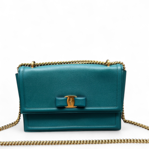 Salvatore Ferragamo Vara Bow Crossbody Bag Grained Calfskin Blue