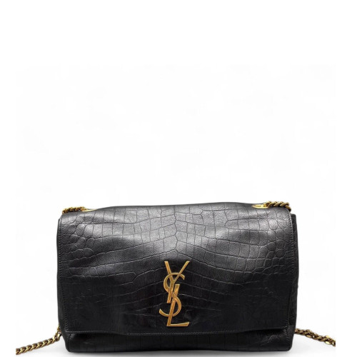 Yves Saint Laurent Flap Bag Calfskin Crocodile Embossed Black