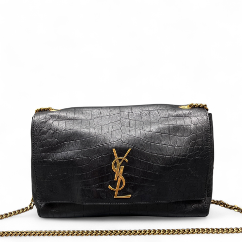 Yves Saint Laurent Flap Bag Calfskin Crocodile Embossed Black