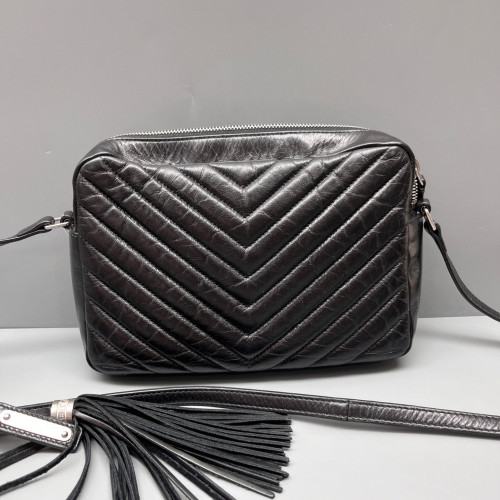Yves Saint Laurent Tassel Camera Case Pull Up Leather Black