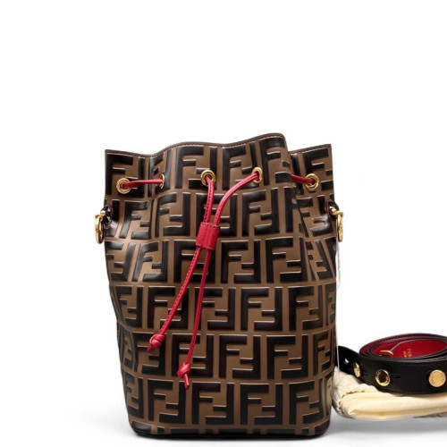 Fendi Small Mon Tresor Bucket Embossed FF Calfskin Brown Black Red